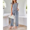 imageBTFBM Jumpsuits For Women 2026 Crew Neck Dressy Cap Sleeve Belted High Waist Wide Leg Romper One Piece Casual Outfits PocketsGrey