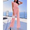 imageBTFBM Jumpsuits For Women 2026 Crew Neck Dressy Cap Sleeve Belted High Waist Wide Leg Romper One Piece Casual Outfits PocketsPink