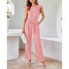 imageBTFBM Jumpsuits For Women 2026 Crew Neck Dressy Cap Sleeve Belted High Waist Wide Leg Romper One Piece Casual Outfits PocketsPink