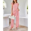 imageBTFBM Jumpsuits For Women 2026 Crew Neck Dressy Cap Sleeve Belted High Waist Wide Leg Romper One Piece Casual Outfits PocketsPink