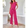imageBTFBM Jumpsuits For Women 2026 Crew Neck Dressy Cap Sleeve Belted High Waist Wide Leg Romper One Piece Casual Outfits PocketsRose Red
