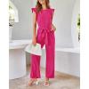 imageBTFBM Jumpsuits For Women 2026 Crew Neck Dressy Cap Sleeve Belted High Waist Wide Leg Romper One Piece Casual Outfits PocketsRose Red