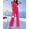 imageBTFBM Jumpsuits For Women 2026 Crew Neck Dressy Cap Sleeve Belted High Waist Wide Leg Romper One Piece Casual Outfits PocketsRose Red