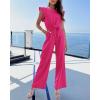 imageBTFBM Jumpsuits For Women 2026 Crew Neck Dressy Cap Sleeve Belted High Waist Wide Leg Romper One Piece Casual Outfits PocketsRose Red