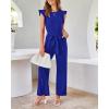 imageBTFBM Jumpsuits For Women 2026 Crew Neck Dressy Cap Sleeve Belted High Waist Wide Leg Romper One Piece Casual Outfits PocketsRoyal Blue