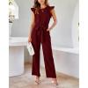 imageBTFBM Jumpsuits For Women 2026 Crew Neck Dressy Cap Sleeve Belted High Waist Wide Leg Romper One Piece Casual Outfits PocketsWine Red