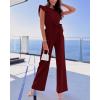 imageBTFBM Jumpsuits For Women 2026 Crew Neck Dressy Cap Sleeve Belted High Waist Wide Leg Romper One Piece Casual Outfits PocketsWine Red