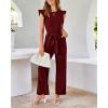 imageBTFBM Jumpsuits For Women 2026 Crew Neck Dressy Cap Sleeve Belted High Waist Wide Leg Romper One Piece Casual Outfits PocketsWine Red