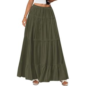 imageBTFBM Skirts for Women 2026 Summer Boho Beach Vacation Clothes Casual Pleated High Waisted Flowy Maxi SkirtArmy Green