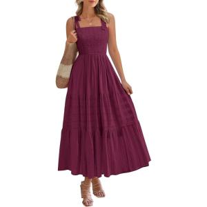 imageBTFBM Boho Maxi Dress Sleeveless Summer Dresses for Women 2026 Beach Vacation Smocked A Line Casual Sundress PocketsBurgundy