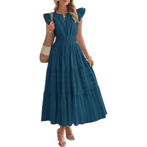 imageBTFBM Dresses for Women Spring 2026 Maxi Casual Dress Flutter Short Sleeve V Neck Elastic Waist Boho Beach Vacation PocketsLake Blue