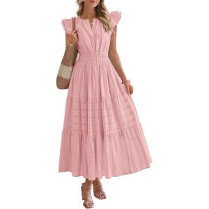 imageBTFBM Dresses for Women Spring 2026 Maxi Casual Dress Flutter Short Sleeve V Neck Elastic Waist Boho Beach Vacation PocketsPink