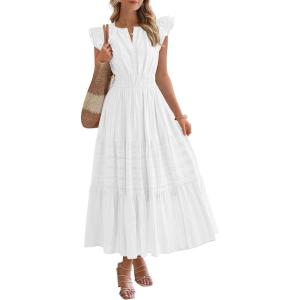 imageBTFBM Dresses for Women Spring 2026 Maxi Casual Dress Flutter Short Sleeve V Neck Elastic Waist Boho Beach Vacation PocketsWhite