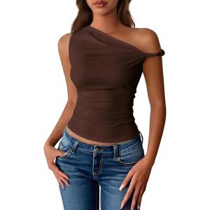 imageBTFBM Off The Shoulder Tops for Women 2026 Cute Summer Casual Sleeveless Slim Fit y2k Spring Outfits Going Out Tank TopDark Brown