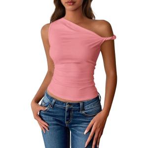 imageBTFBM Off The Shoulder Tops for Women 2026 Cute Summer Casual Sleeveless Slim Fit y2k Spring Outfits Going Out Tank TopPink