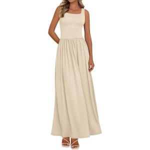 imageBTFBM Summer Dresses for Women 2026 Maxi Casual Square Neck Flowy Long Sundress Spring Wedding Guest Cocktail DressBeige