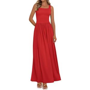 imageBTFBM Summer Dresses for Women 2026 Maxi Casual Square Neck Flowy Long Sundress Spring Wedding Guest Cocktail DressRed